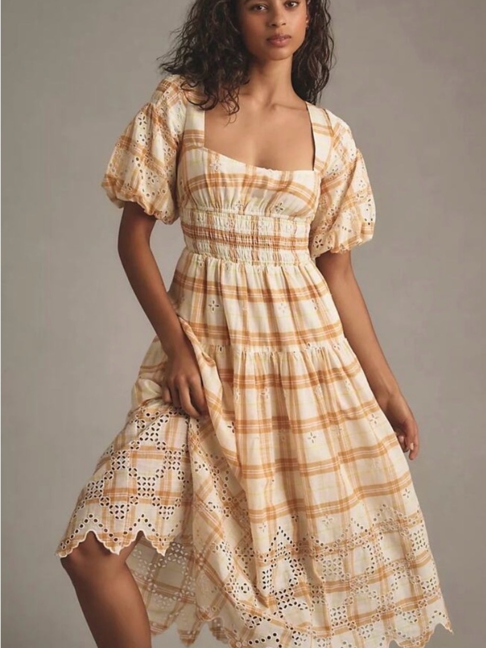 Anthropologie Cream and Tan Plaid Smocked Midi Dress